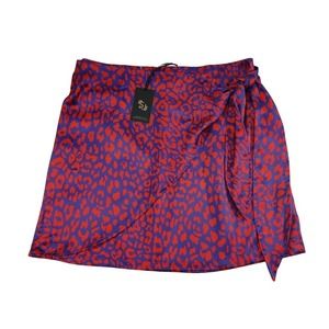 Sincerely Jules Wrap Mini Skirt Leopard Print Elastic Waist Size L Red‎ Purple